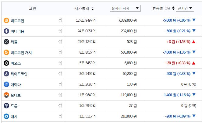 가상화폐 시세 혼조세, 비트코인 이더리움 내리고 리플은 올라