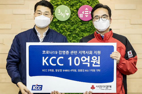 KCC 코로나19 성금 10억 기부, <a href='https://www.businesspost.co.kr/BP?command=article_view&num=21011' class='human_link' style='text-decoration:underline' target='_blank'>정상영</a> <a href='https://www.businesspost.co.kr/BP?command=article_view&num=331013' class='human_link' style='text-decoration:underline' target='_blank'>정몽진</a>도 사재 5억 출연 