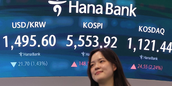 코스피 개인·기관 매수세에 5550선 반등 마감, 원/달러 환율 1495.2원까지 내려