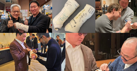 SK 회장 최태원 손목 깁스에 엔비디아·메타·구글·소프트뱅크 CEO 서명, AI 반도체 협력 과시