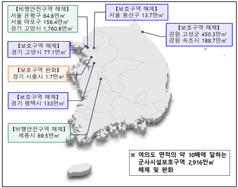 국방부 여의도 10배 군사시설보호구역 해제·완화, 고성·속초·평택·고양 등